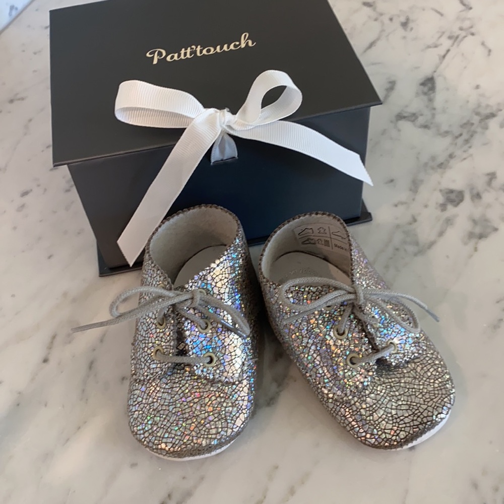 Baby size 20 / 5 / 6-12 month shoes. Silver lace up. Barely warn.